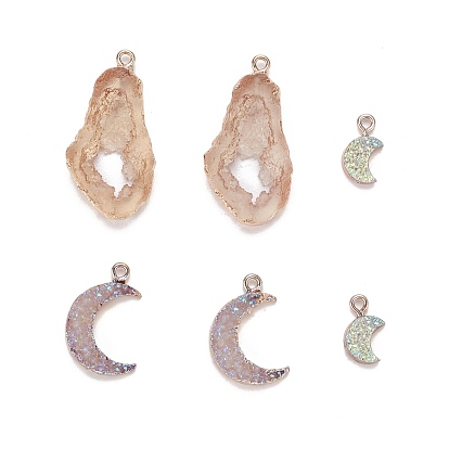 6Pcs 3 Style Druzy Resin Pendants, with Edge Light Gold Plated Iron Loops, Moon & Nuggets