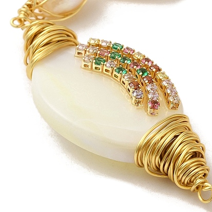 Oval Natural Pearl & Shell Link Bracelet with Colorful Rhinestone, Brass Wire Wrapped Bracelet with Magnetic Clasps