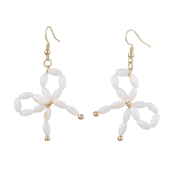 Dyed Natural Shell Beaded Bowknot Dangle Earrings, Brass Jewelry for Women, Real 18K Gold Plated