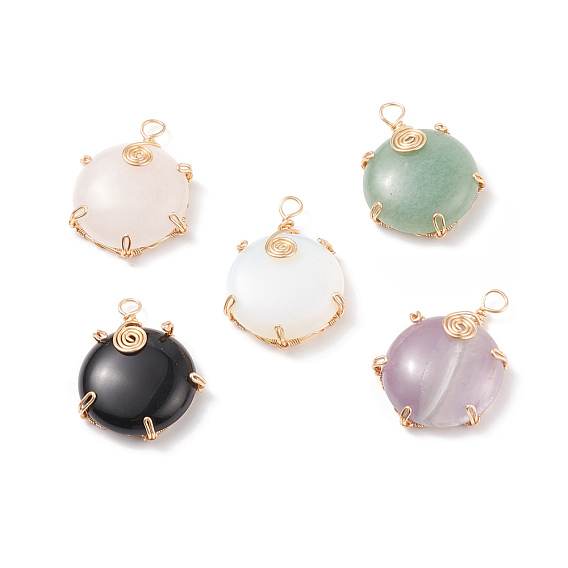 Natural & Synthetic Gemstone Pendants, Twisted with Golden Tone Copper Wire, Flat Round