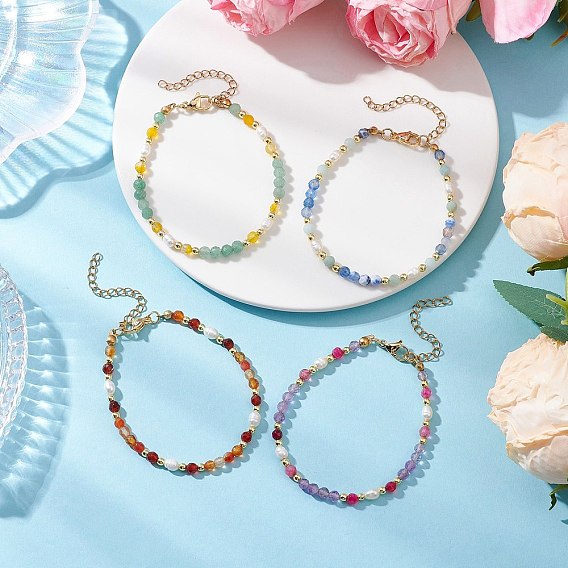 Природных драгоценных камней вышитый бисером браслеты, с натуральным культивированным пресноводным жемчугом и гальваническим немагнитным синтетическим гематитом, граненые