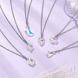 6Pcs 6 Styles Electroplated Clear AB Glass Star Moon Heart Pendant Necklaces, 304 Stainless Steel Cable Chain Necklaces, Stainless Steel Color