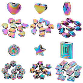 60Pcs 6 Style Rack Plating Rainbow Color Alloy Beads, Mix-shaped