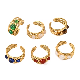 Round Natural Gemstone Finger Rings, Golden Tone 304 Stainless Steel Cuff Rings for Women