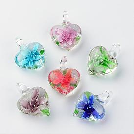 Handmade Luminous Lampwork Pendants, with Inner Flower, Heart