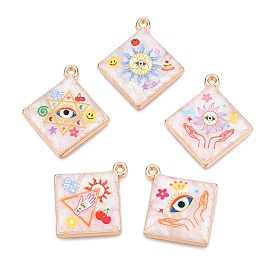 Printed Rack Plating Alloy Enamel Pendants, Golden, Rhombus with Evil Eye Charm