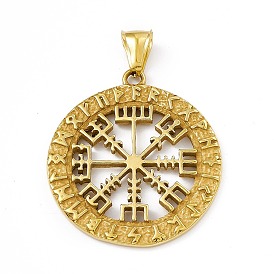 Ion Plating(IP) 304 Stainless Steel Manual Polishing Pendants, Flat Round with Vegvisir Charm