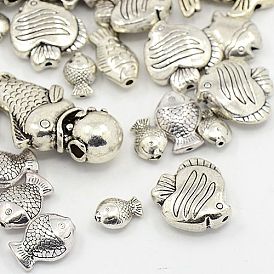 Antique Silver Mixed Fish Tibetan Style Alloy Beads, 12~48.5x8.5~26x4~11mm, Hole: 1~3.5mm