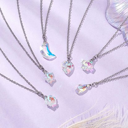 6Pcs 6 Styles Electroplated Clear AB Glass Star Moon Heart Pendant Necklaces, 304 Stainless Steel Cable Chain Necklaces, Stainless Steel Color