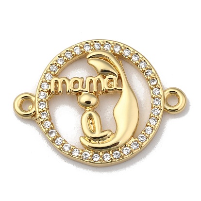 Brass Micro Pave Clear Cubic Zirconia Links, Long-Lasting Plated, for Mother's Day, Flat Round with Word MaMa
