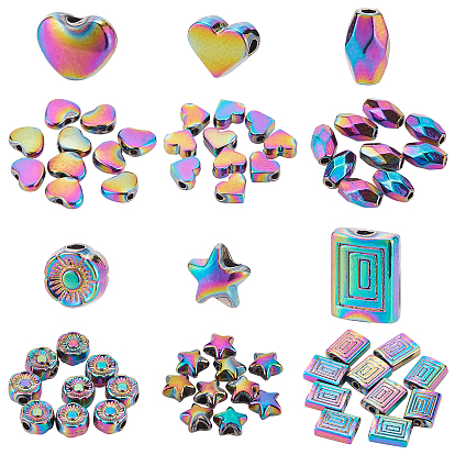 60Pcs 6 Style Rack Plating Rainbow Color Alloy Beads, Mix-shaped