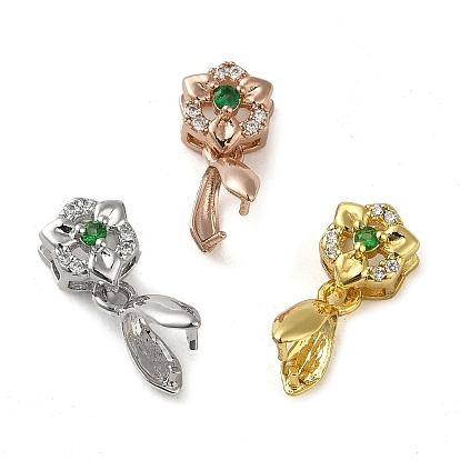 Rack Plating Brass Micro Pave Clear Cubic Zirconia Ice Pick Pinch Bails, Long-Lasting Plated, Lead Free & Cadmium Free, Flower