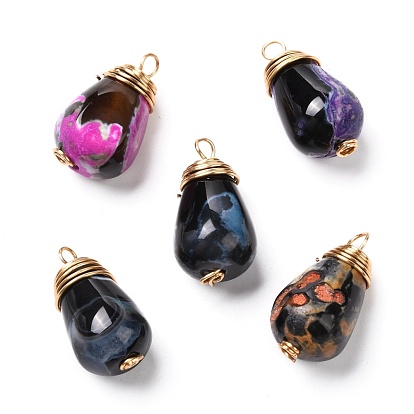 Natural Fire Crackle Agate Beads Pendants, with Real 18K Gold Plated Eco-Friendly Copper Findings, Teardrop