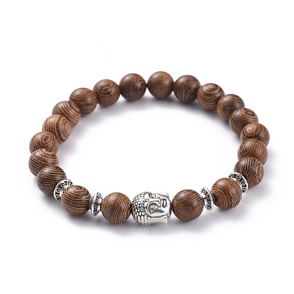 Bracelets extensibles unisexes, avec des perles en alliage de style tibétain et des perles en bois, tête de bouddha