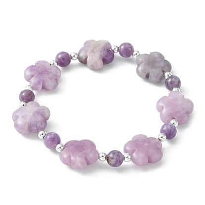 Natural Phosphosiderite & Lepidolite & Synthetic Hematite Flower Beaded Stretch Bracelet