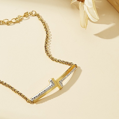 Koreanischer Stil 201 Edelstahl-Armband mit Strasssteinen und doppeltem Buchstaben-L-Gliederdesign für Damen