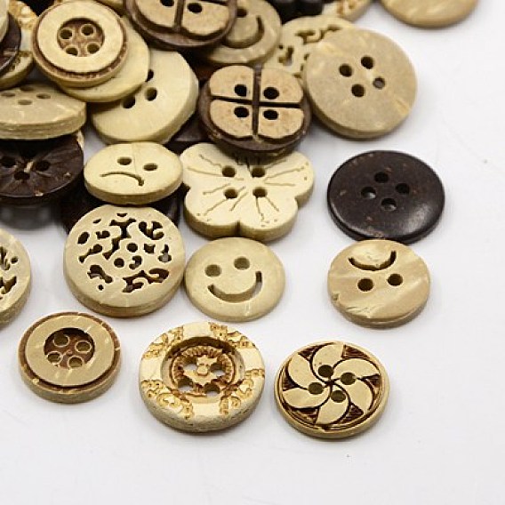 Coconut Buttons, Mixed Shapes, 12x3mm, Hole: 1mm