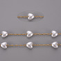 Handmade ABS Plastic Imitation Pearl Beaded Chains, with 304 Stainless Steel Paperclip Chains, Drawn Elongated Cable Chains and Spool, Soldered, Heart