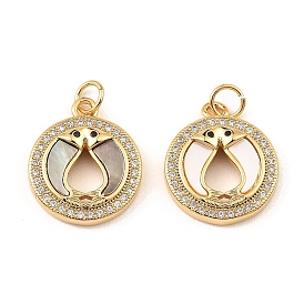 Brass Cubic Zirconia with Shell Pendants, Long-Lasting Plated, Lead Free & Cadmium Free, Flat Round with Fish