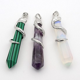 Mixed Gemstone Big Pendants, with Brass Findings, Bullet, Platinum Metal Color, 60x12x11mm, Hole: 4x7mm