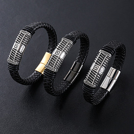 Браслеты из плетеного шнура из искусственной кожи в стиле панк, 304 браслеты с подвесками-прямоугольниками из нержавеющей стали для мужчин, с магнитной застежкой