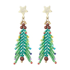 Серьги-гвоздики с подвесками для женщин в виде рождественской елки из натуральной красной яшмы и стеклянных бусин