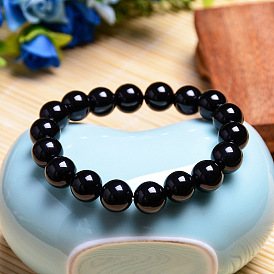 Natural Black Agate Bracelet Fashionable Gemstone Beaded Elastic Cord Bracelet 6/8/10/12/14MM