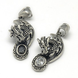 Fashionable Retro 304 Stainless Steel Rhinestone Dragon Pendants, Antique Silver, 36x17x10mm, Hole: 5x7mm