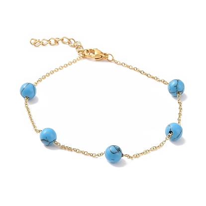 6mm Round Synthetic Turquoise Link Bracelets, 304 Stainless Steel Cable Chain Bracelets for Women Men