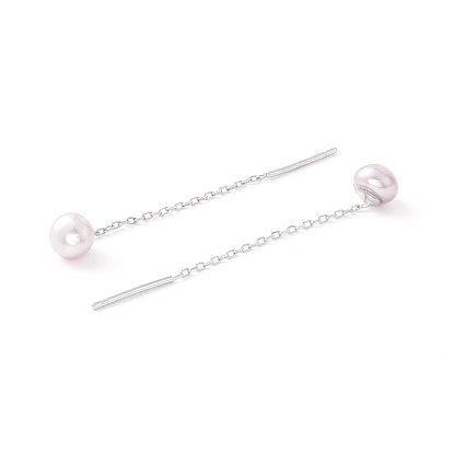 999 Fine Silver Chain Tassel Earring Thread for Girl Women, Natural Pearl Dangle Stud Earrings, Platinum