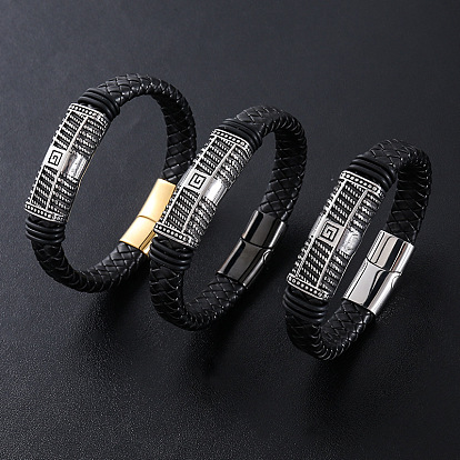 Браслеты из плетеного шнура из искусственной кожи в стиле панк, 304 браслеты с подвесками-прямоугольниками из нержавеющей стали для мужчин, с магнитной застежкой