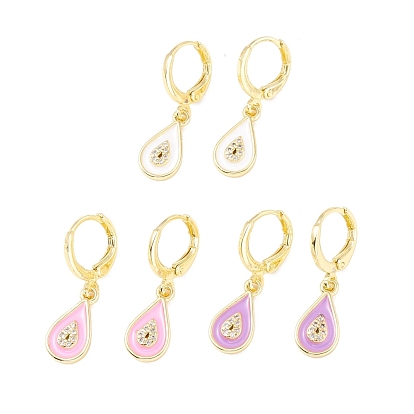 Enamel Teardrop Dangle Leverback Earrings with Clear Cubic Zirconia, Real 18K Gold Plated Brass Drop Earrings for Women, Lead Free & Cadmium Free