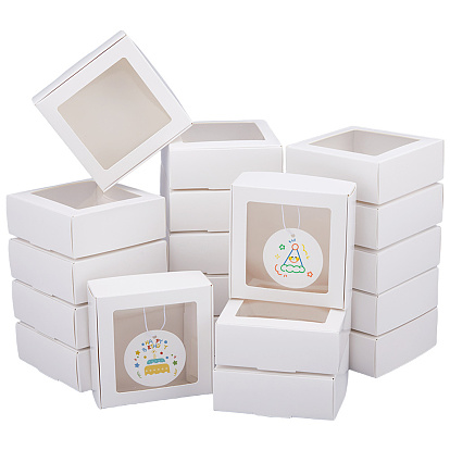 30Pcs Square Kraft Paper Visible Window Storage Mailer Boxes, with 30Pcs Round Blank Paper Price Tags with Elastic Cord