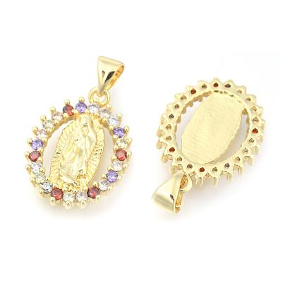 Brass Micro Pave Cubic Zirconia Pendants, Lady of Guadalupe Charms, Long-Lasting Plated, Oval with Virgin Mary