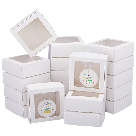 30Pcs Square Kraft Paper Visible Window Storage Mailer Boxes, with 30Pcs Round Blank Paper Price Tags with Elastic Cord