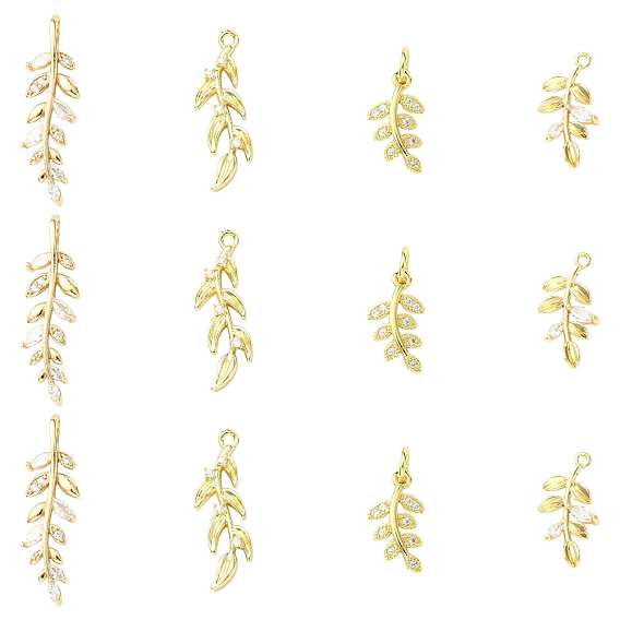 12шт. 4 стили латунные подвески с кубическим цирконием, лист прелести