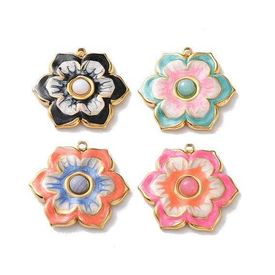 Крашеные натуральный белый нефрит подвески, 304 подвески-цветы из нержавеющей стали с эмалью, реальный 18 k позолоченный, вакуумное покрытие pvd