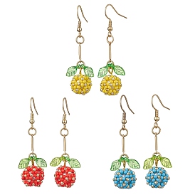 Handmade Glass Seed Beads Dangle Earrings, Round Flower, Golden