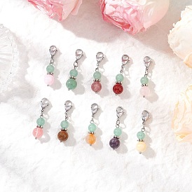 10 шт. круглые подвески из натуральных и синтетических драгоценных камней, с 304 из нержавеющей стали Lobster Claw застежками