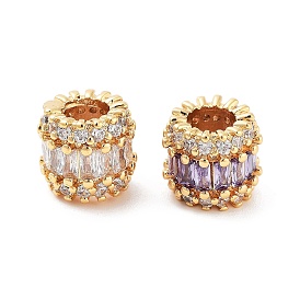 Column Brass Micro Pave Clear Cubic Zirconia Beads, Real 18K Gold Plated