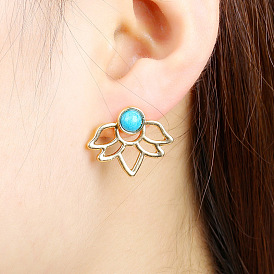 Vintage Turquoise Lotus Earrings with Hollow Out Design and Blue Gemstone, Simple Flower Ear Studs for Fashionable Women