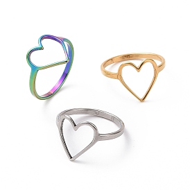 201 Stainless Steel Heart Finger Ring, Hollow Wide Ring for Women