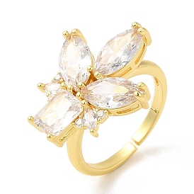 Rack Plating Brass Micro Pave Cubic Zirconia Flower Open Cuff Rings, Lead Free & Cadmium Free