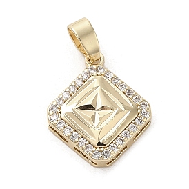 Brass Micro Pave Clear Cubic Zirconia Pendants, Long-Lasting Plated, Rhombus