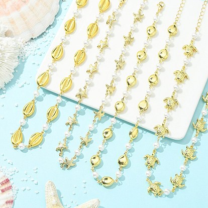 4шт. 4 стиль океан 304 цепочки из нержавеющей стали с изображением морских животных, ручной работы, с белыми круглыми бусинами из ракушечника, золотые