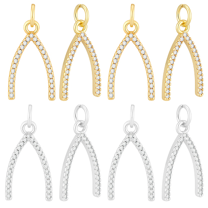 8Pcs 2 Colors Rack Plating Brass Micro Pave Cubic Zirconia Pendants, Wishbone Charms, Long-Lasting Plated, Cadmium Free & Lead Free