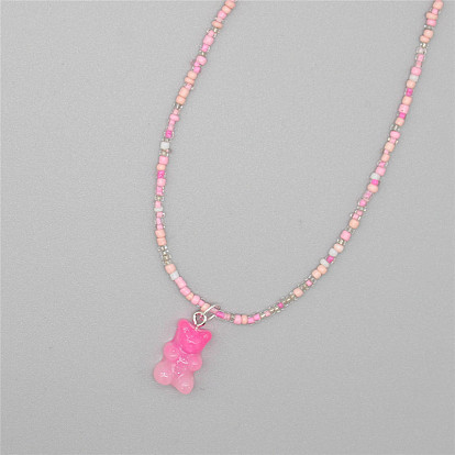 Очаровательное колье из бисера в виде медвежонка с градиентными цветами для девушек в богемном стиле