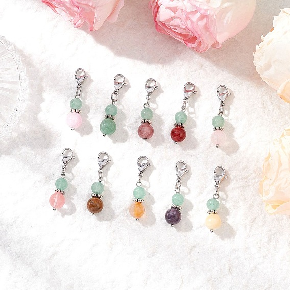 10 шт. круглые подвески из натуральных и синтетических драгоценных камней, с 304 из нержавеющей стали Lobster Claw застежками