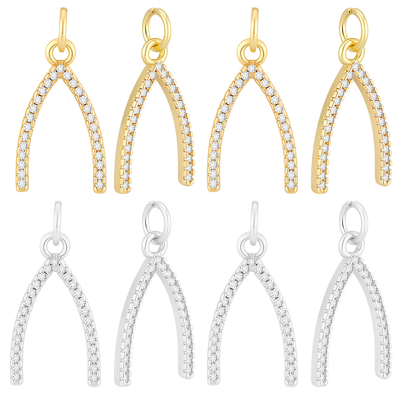 8Pcs 2 Colors Rack Plating Brass Micro Pave Cubic Zirconia Pendants, Wishbone Charms, Long-Lasting Plated, Cadmium Free & Lead Free