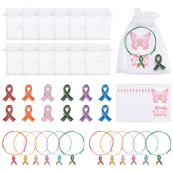 Наборы браслетов из плетеных бусин с подвеской в виде литой эмалевой ленты с надписью «Надежда» для повышения осведомленности о психическом здоровье, с 12шт. 6 цветной брошью и 12шт. мешочками из органзы и 12шт. открытками